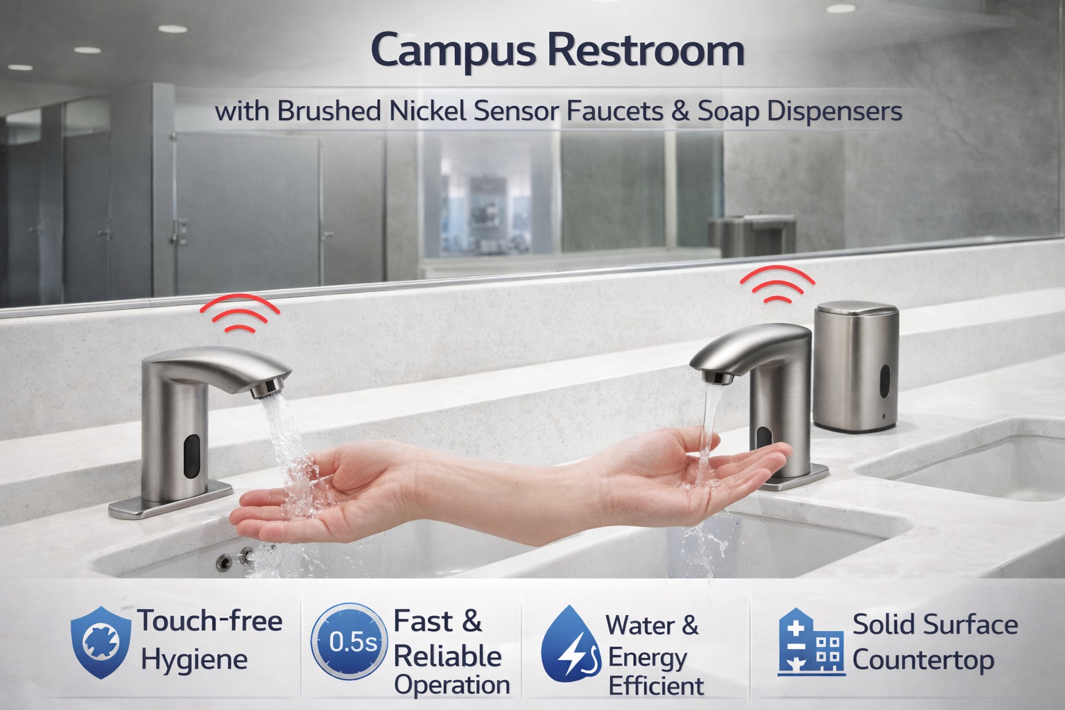 Campus restroom with brushed nickel sensor faucets and soap dispensers